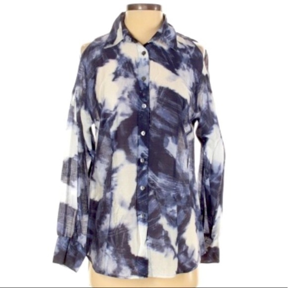 W by Worth sz P (XS/S) top blue & white tie dye long sleeve cold shoulder blouse